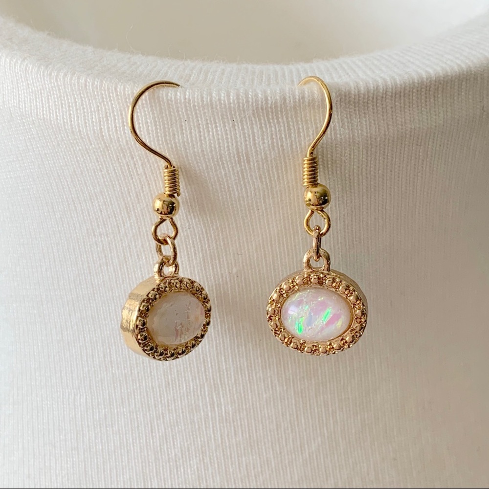 Costume Gold White Stone Oval Dangly Earrings